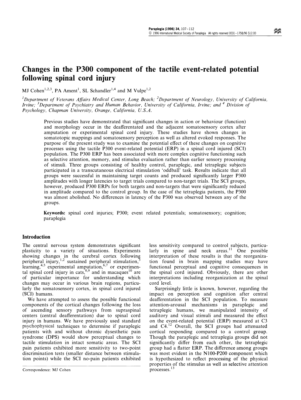 Changes in the P300 Component of the Tactile Event-Related Potential Following Spinal Cord Injury