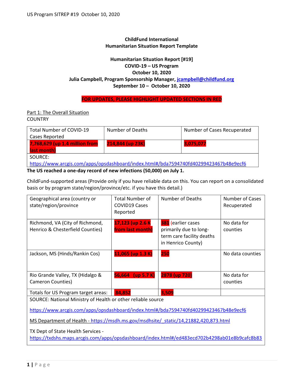 US Program SITREP #19 October 10, 2020 1