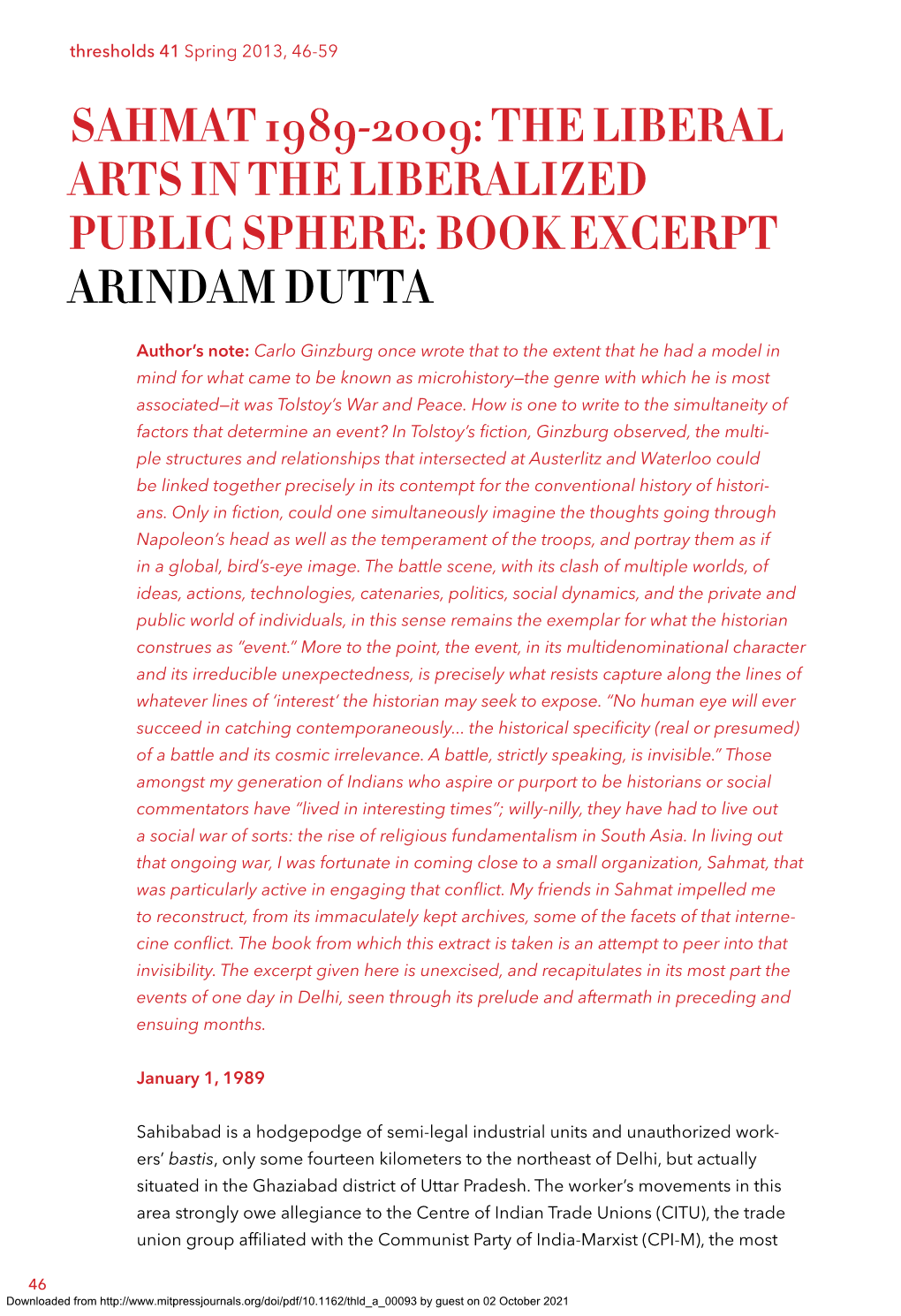 Sahmat 1989-2009: the Liberal Arts in the Liberalized Public Sphere: Book Excerpt Arindam Dutta