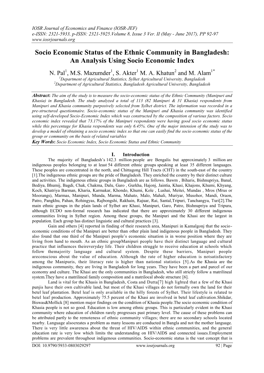 Socio Economic Status of the Ethnic Community in Bangladesh: an Analysis Using Socio Economic Index