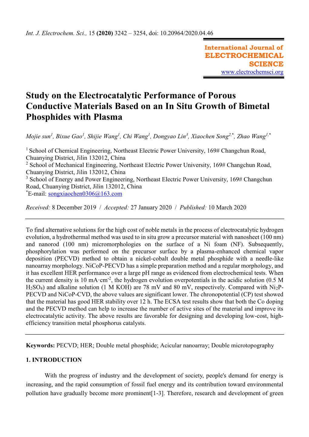 Study on the Electrocatalytic Performance of Porous Conductive Materials Based on an in Situ Growth of Bimetal Phosphides with Plasma