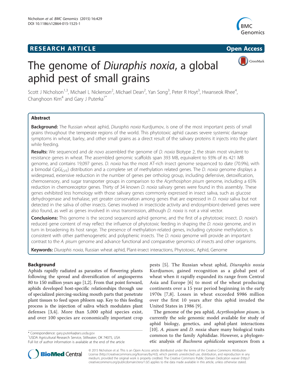 The Genome of Diuraphis Noxia, a Global Aphid Pest of Small Grains