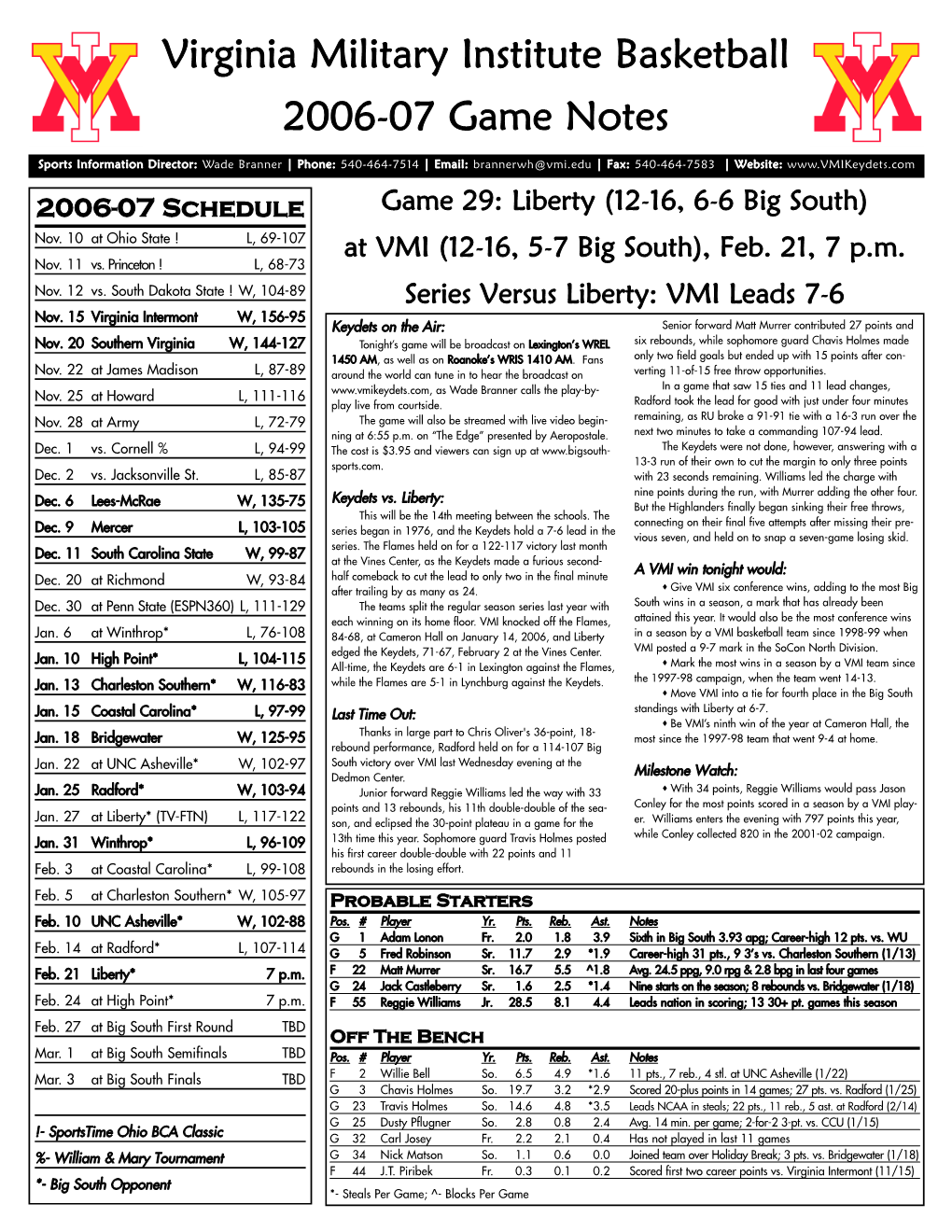 Virginia Military Institute Basketball 2006-07 Game Notes