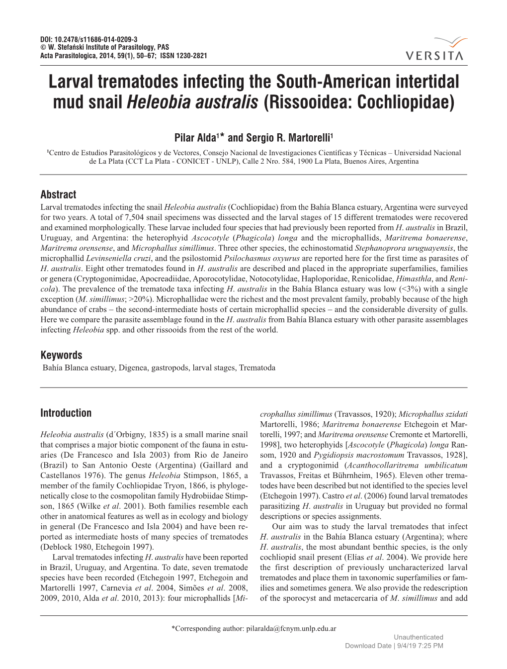 Larval Trematodes Infecting the South-American Intertidal Mud Snail Heleobia Australis (Rissooidea: Cochliopidae)
