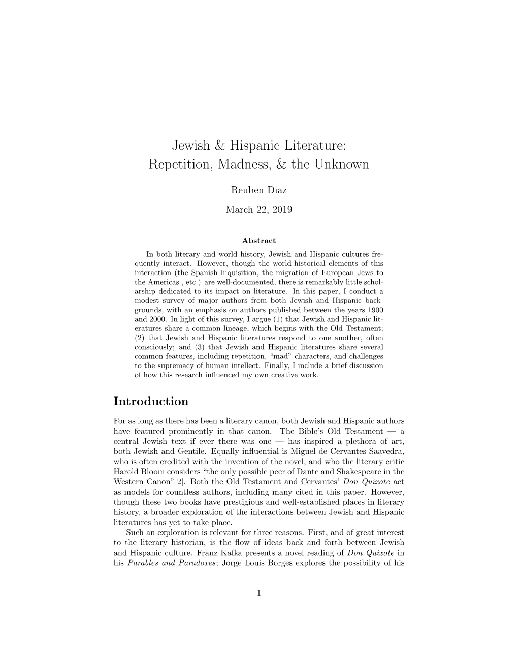 Jewish & Hispanic Literature: Repetition, Madness, & the Unknown