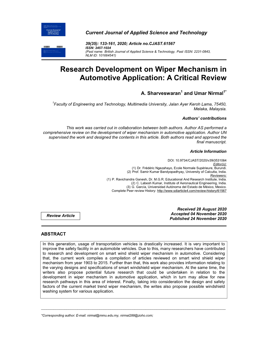Research Development on Wiper Mechanism in Automotive Application: a Critical Review