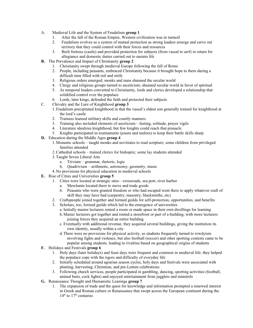 A. Medieval Life and the System of Feudalism Group 1