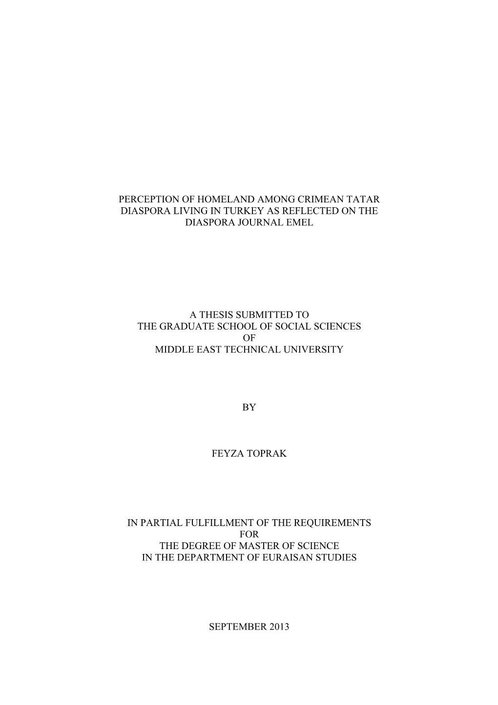 Perception of Homeland Among Crimean Tatar Diaspora Living in Turkey As Reflected on the Diaspora Journal Emel