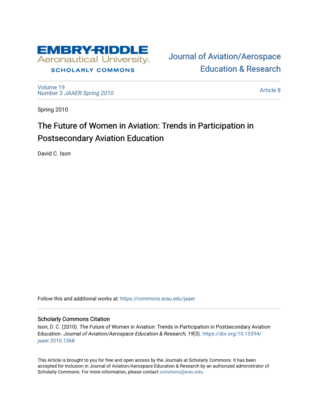 The Future of Women in Aviation: Trends in Participation in Postsecondary Aviation Education