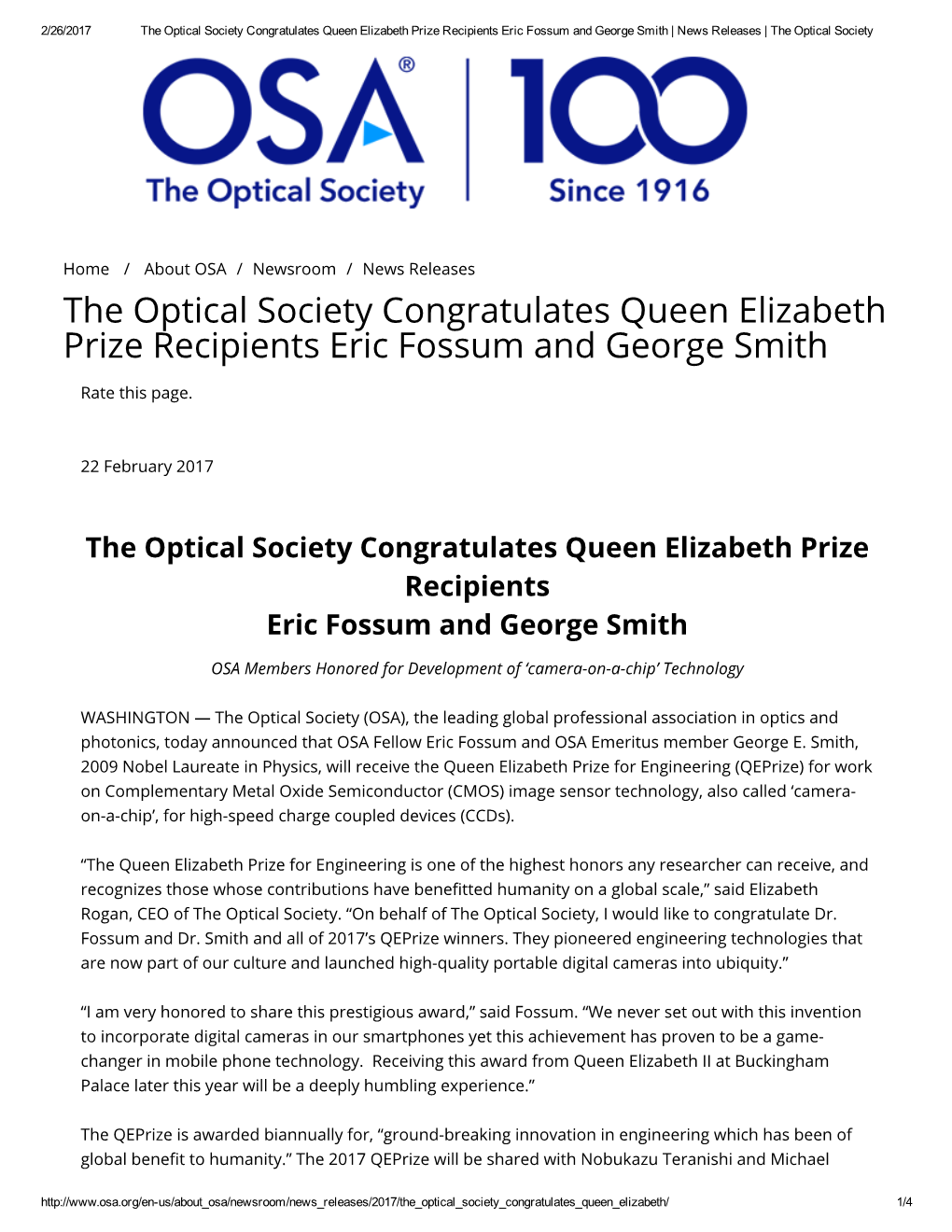 The Optical Society Congratulates Queen Elizabeth Prize Recipients Eric Fossum and George Smith | News Releases | the Optical Society