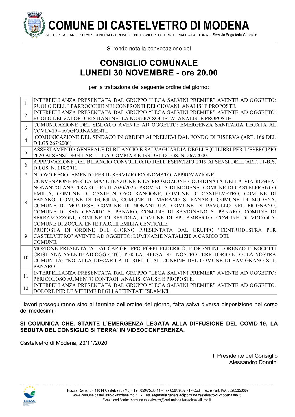 Convocazione Del 30 Novembre In