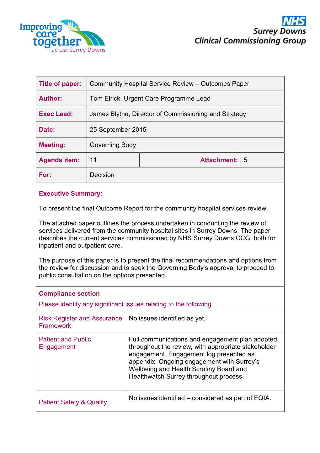 Community Hospital Service Review – Outcomes Paper