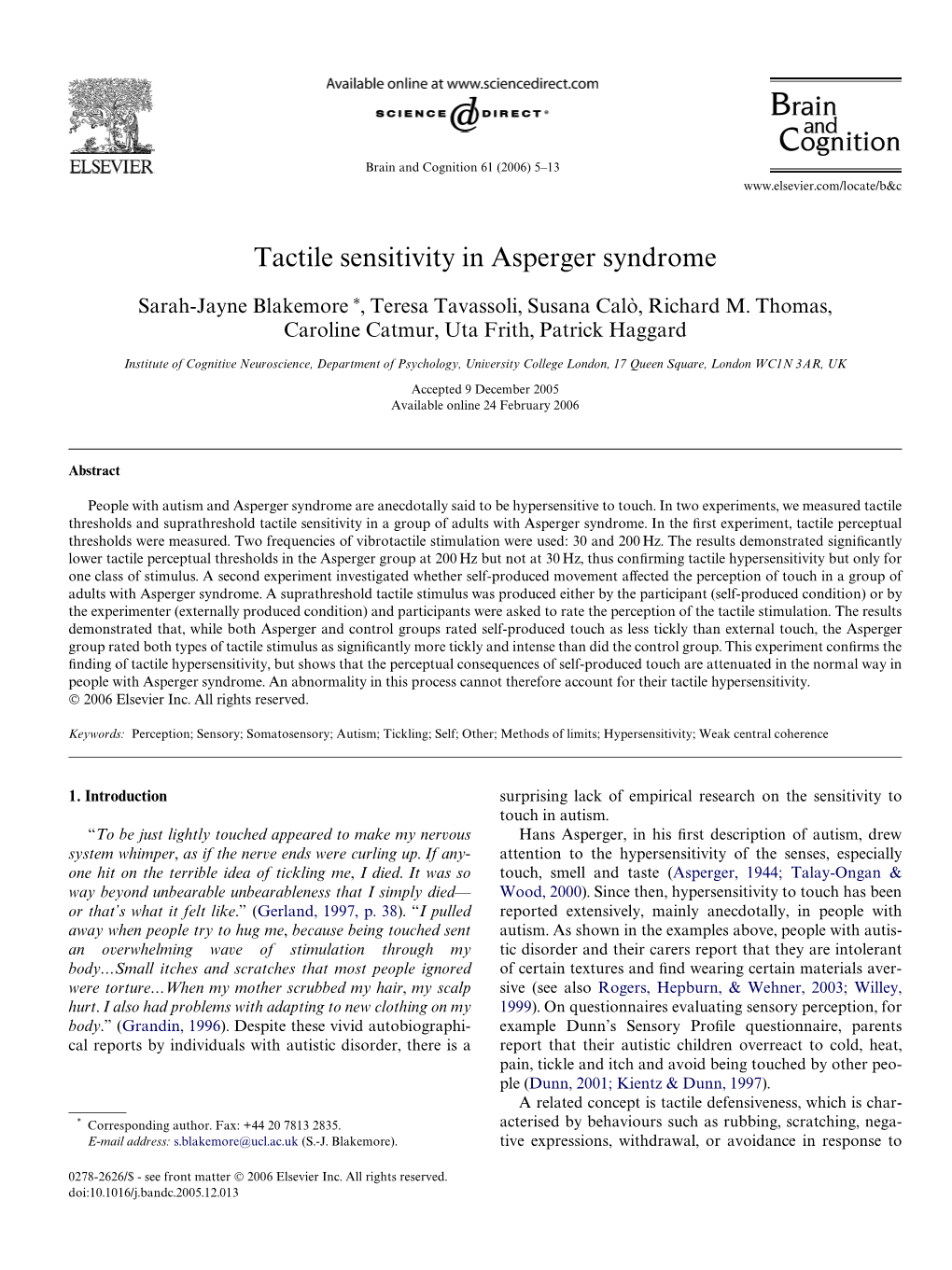 Tactile Sensitivity in Asperger Syndrome