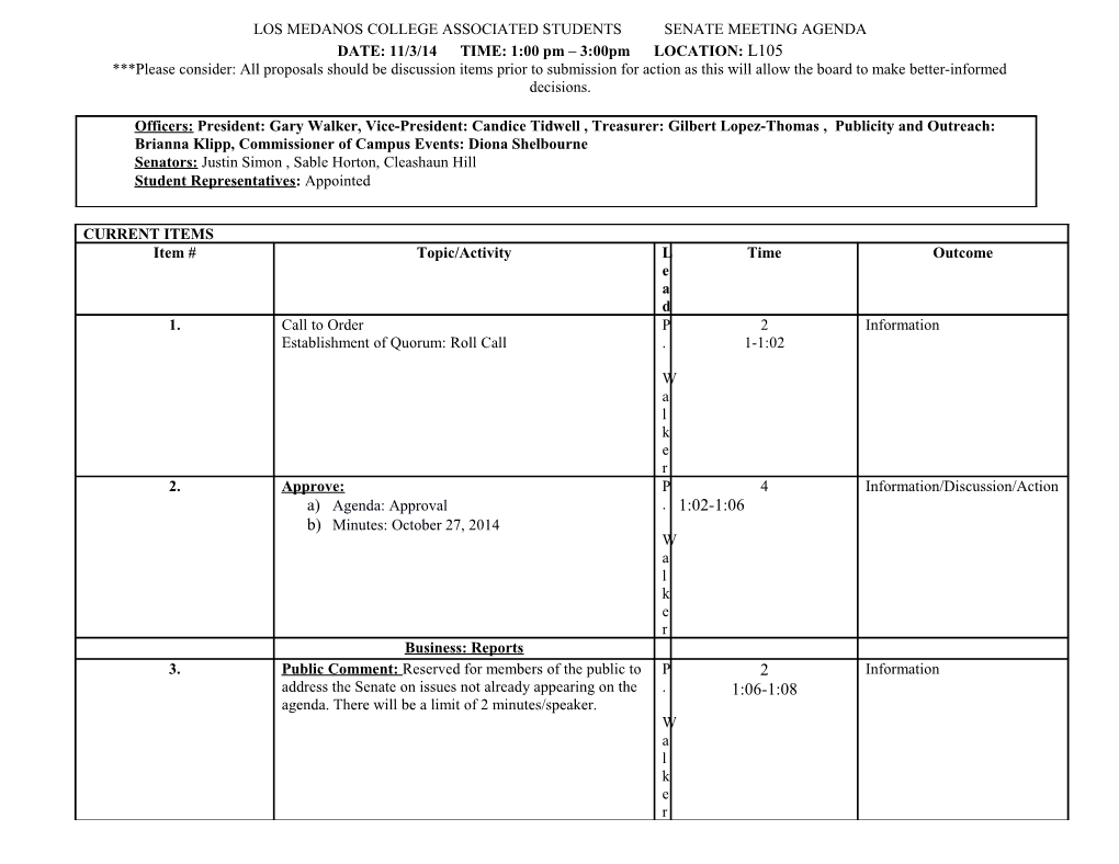 Los Medanos College Associated Students Senate Meeting Agenda