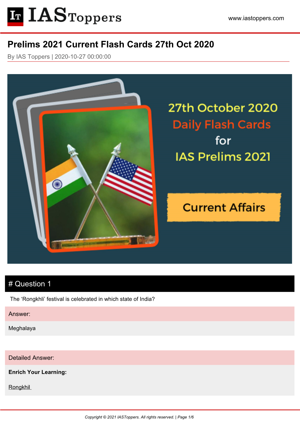 Prelims 2021 Current Flash Cards 27Th Oct 2020 by IAS Toppers | 2020-10-27 00:00:00