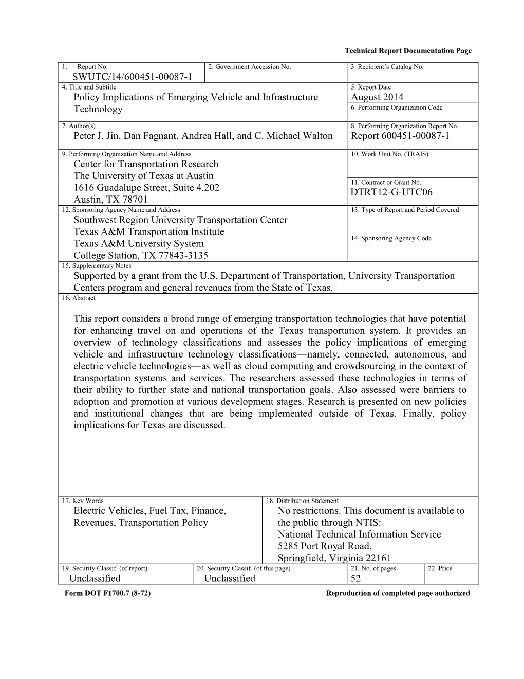 Policy Implications of Emerging Vehicle and Infrastructure Technology