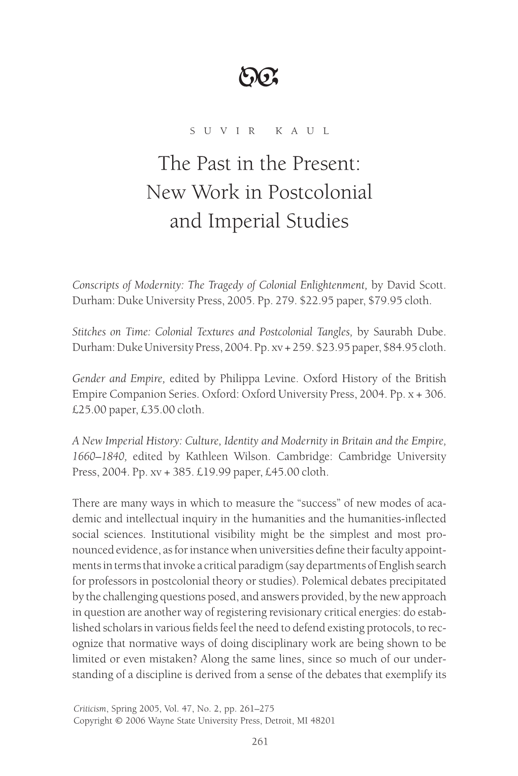 New Work in Postcolonial and Imperial Studies