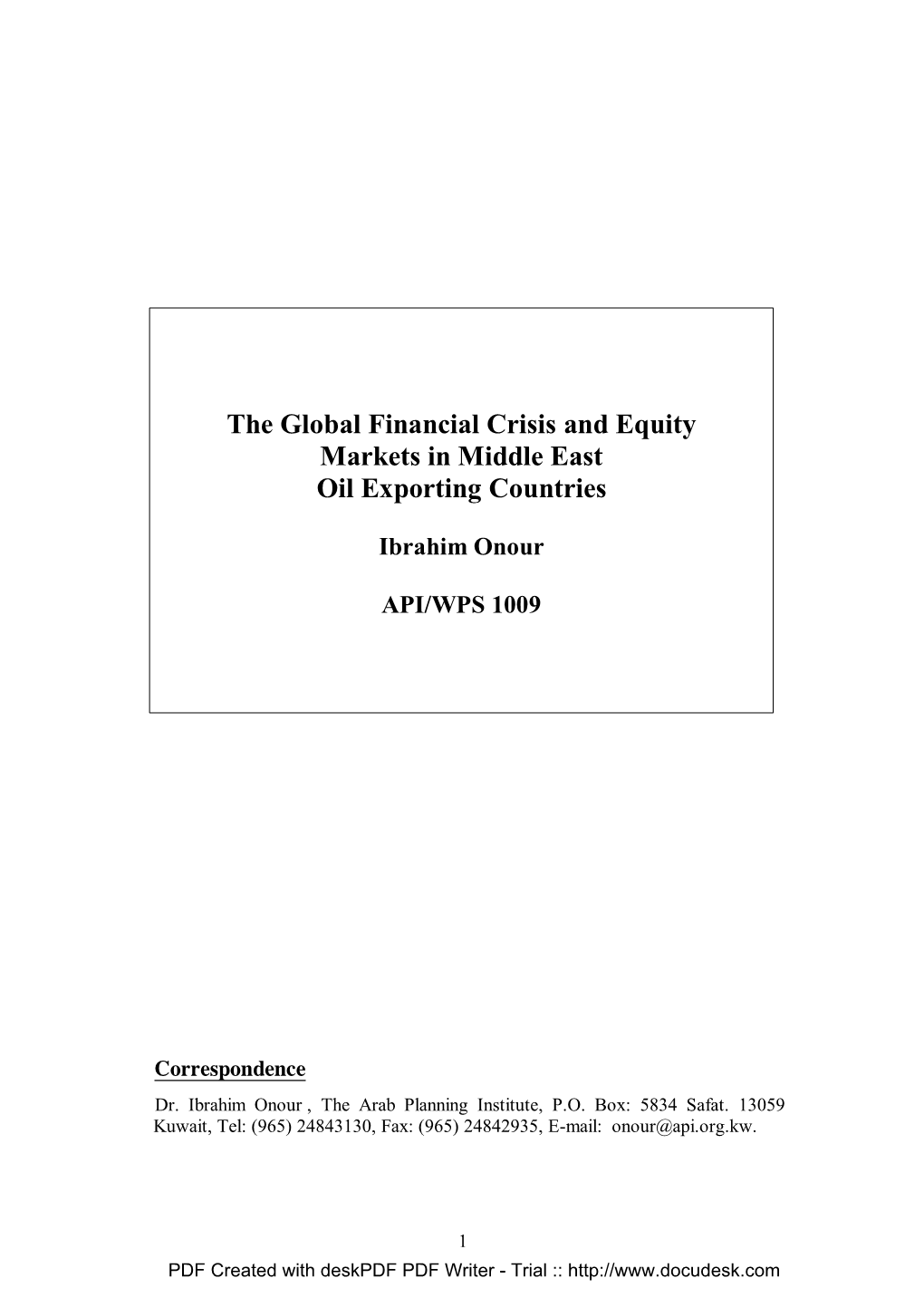 The Global Financial Crisis and Equity Markets in Middle East Oil Exporting Countries