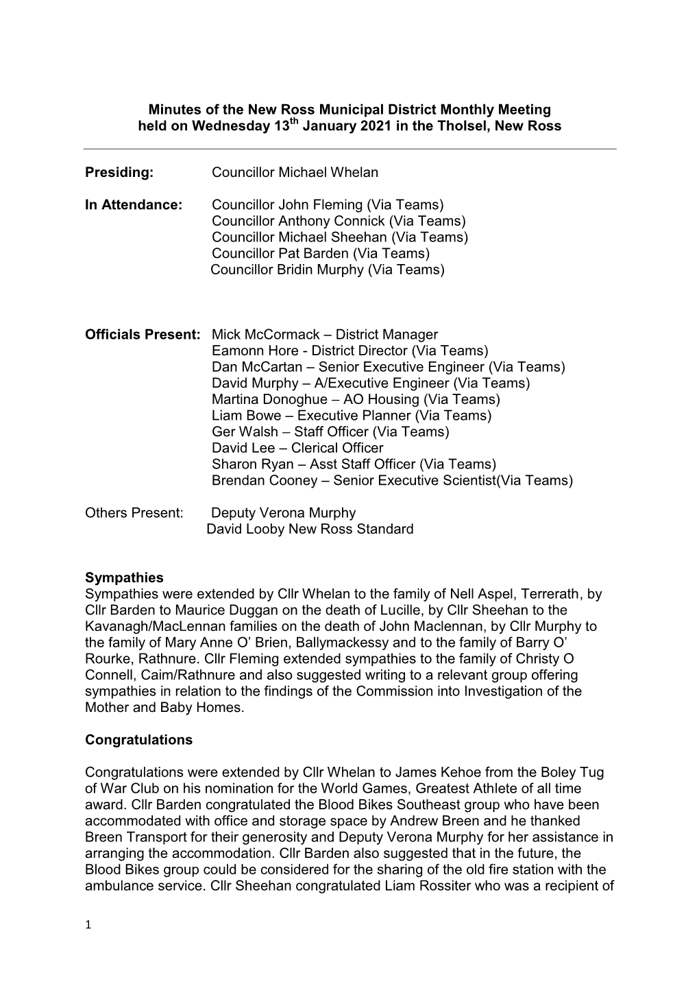 New Ross Municipal District January 2021 Meeting Minutes