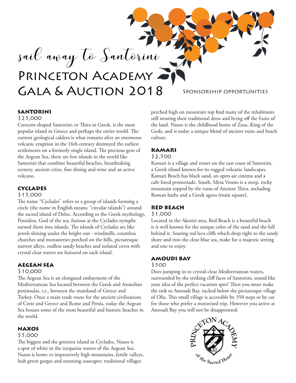 Sail Away to Santorini Princeton Academy Gala & Auction 2018 Sponsorship Opportunities