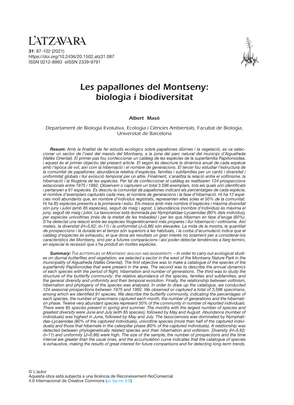Les Papallones Del Montseny: Biologia I Biodiversitat