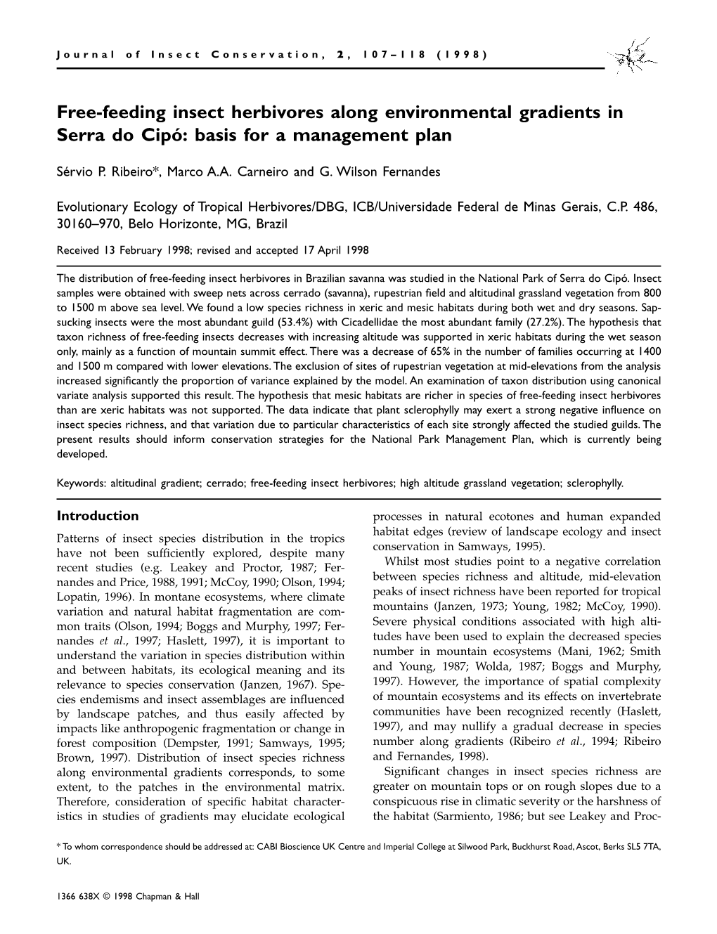 Free-Feeding Insect Herbivores Along Environmental Gradients in Serra Do Cipo: ´ Basis for a Management Plan