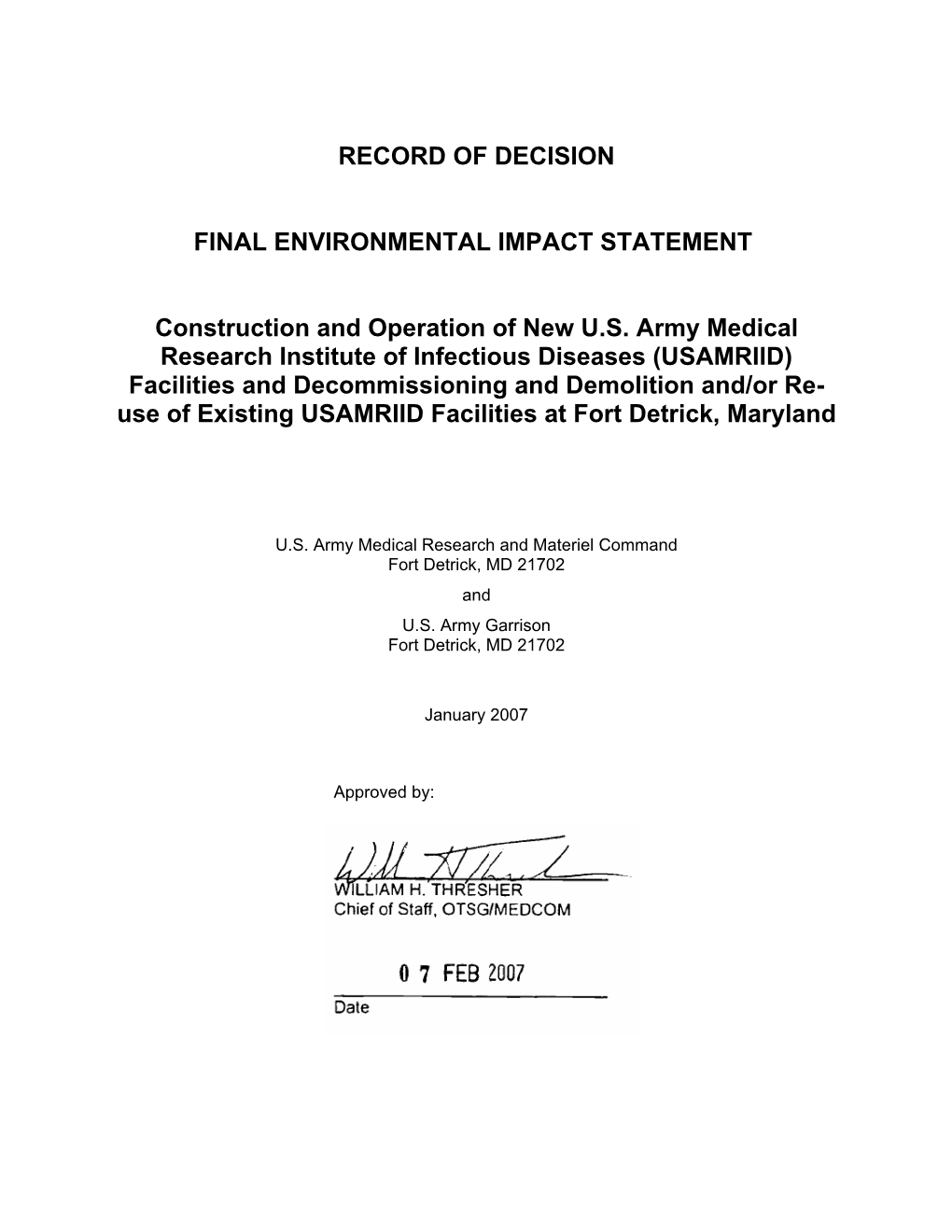 US Dept of the Army, Record of Decision, Final Environmental