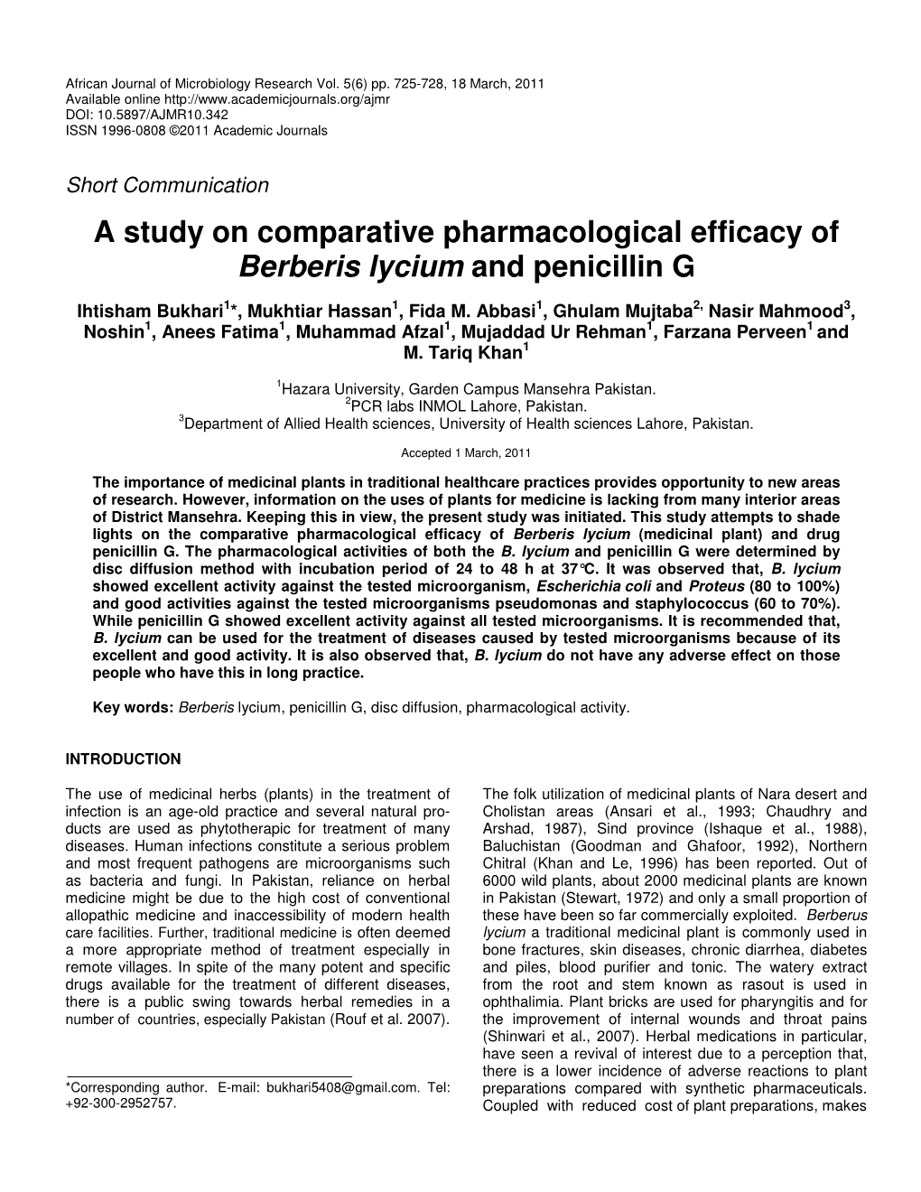 A Study on Comparative Pharmacological Efficacy of Berberis Lycium and Penicillin G