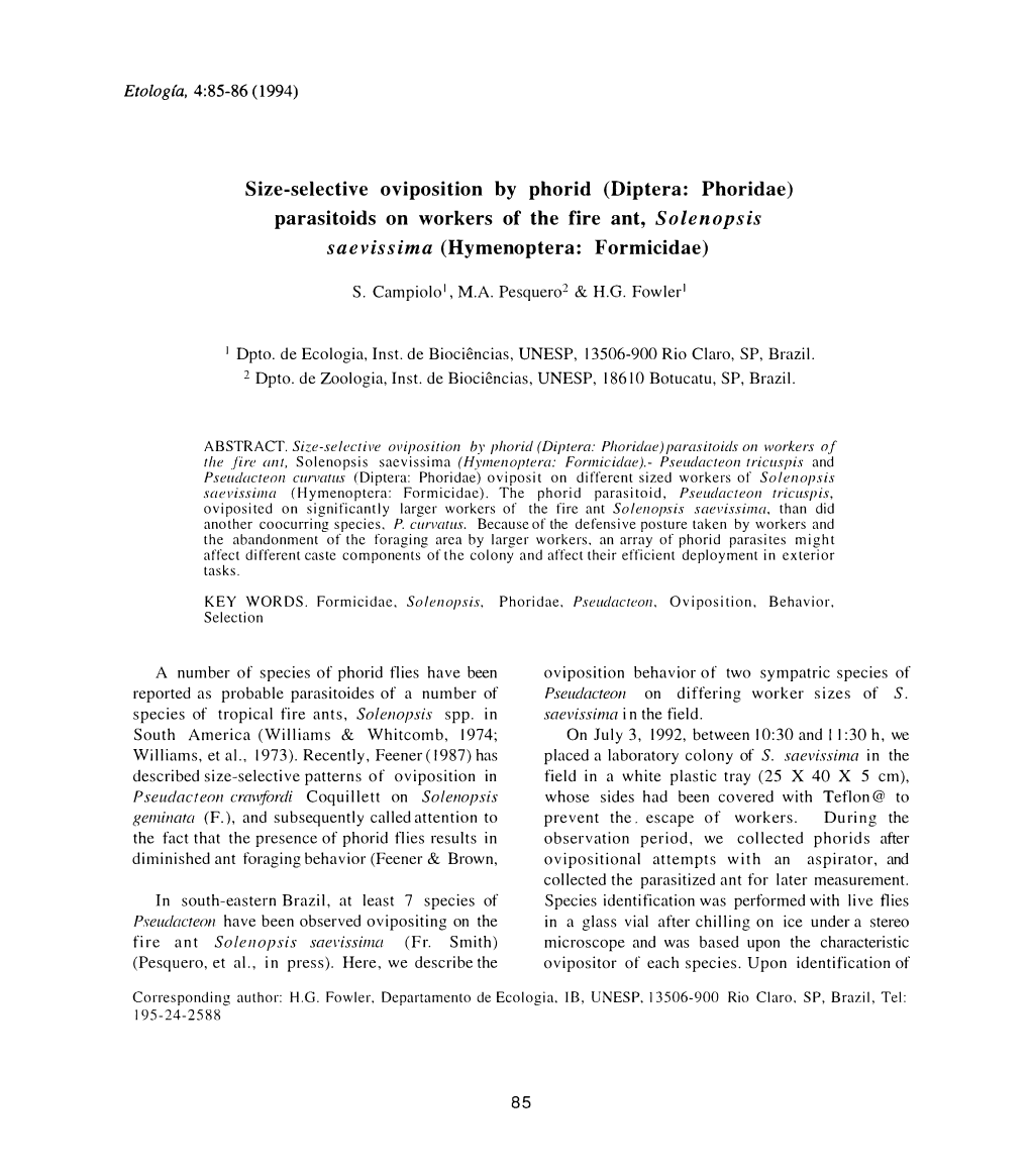 Parasitoids on Workers of the Fire Ant, Solenopsis Saevissima (Hymenoptera: Formicidae)