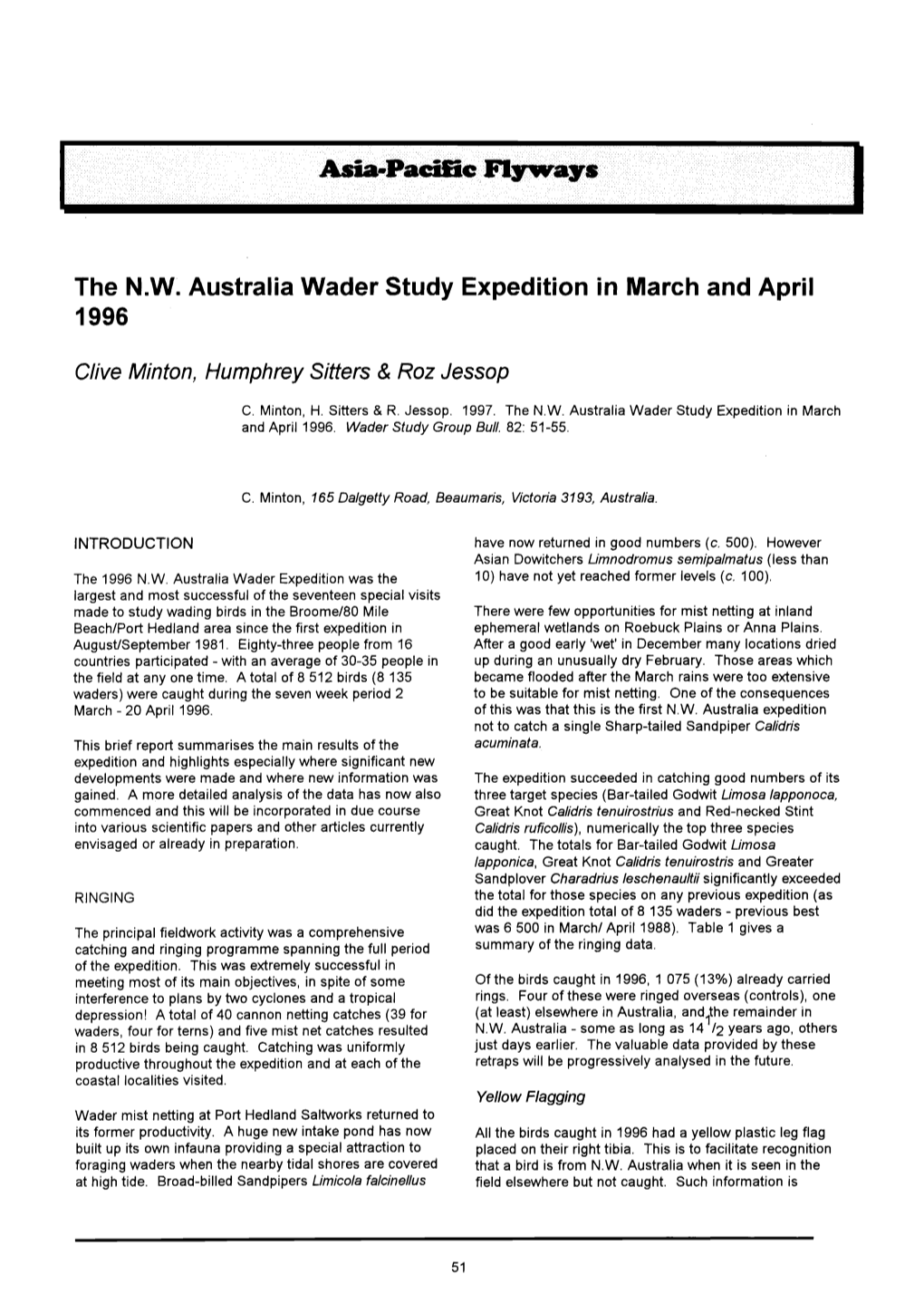 The N.W. Australia Wader Study Expedition in March and April 1996