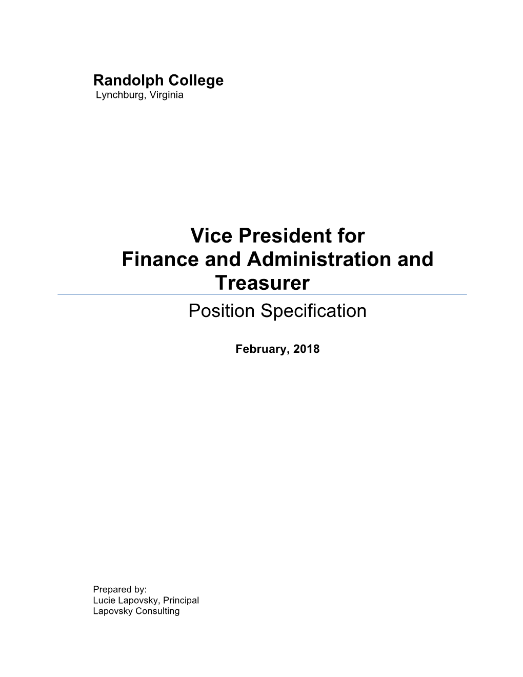 Vice President for Finance and Administration and Treasurer Position Specification