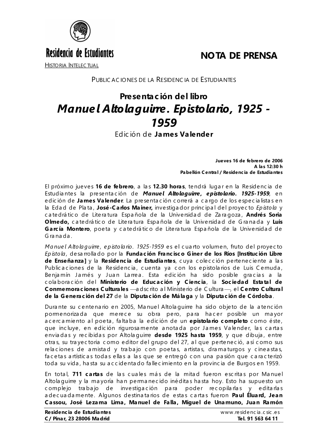 Manuel Altolaguirre. Epistolario, 1925 - 1959 Edición De James Valender