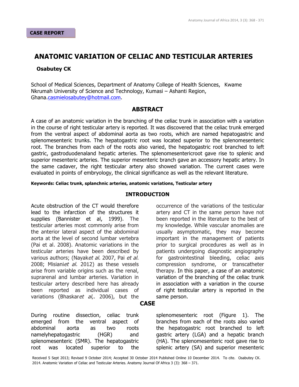 Anatomic Variation of Celiac and Testicular Arteries