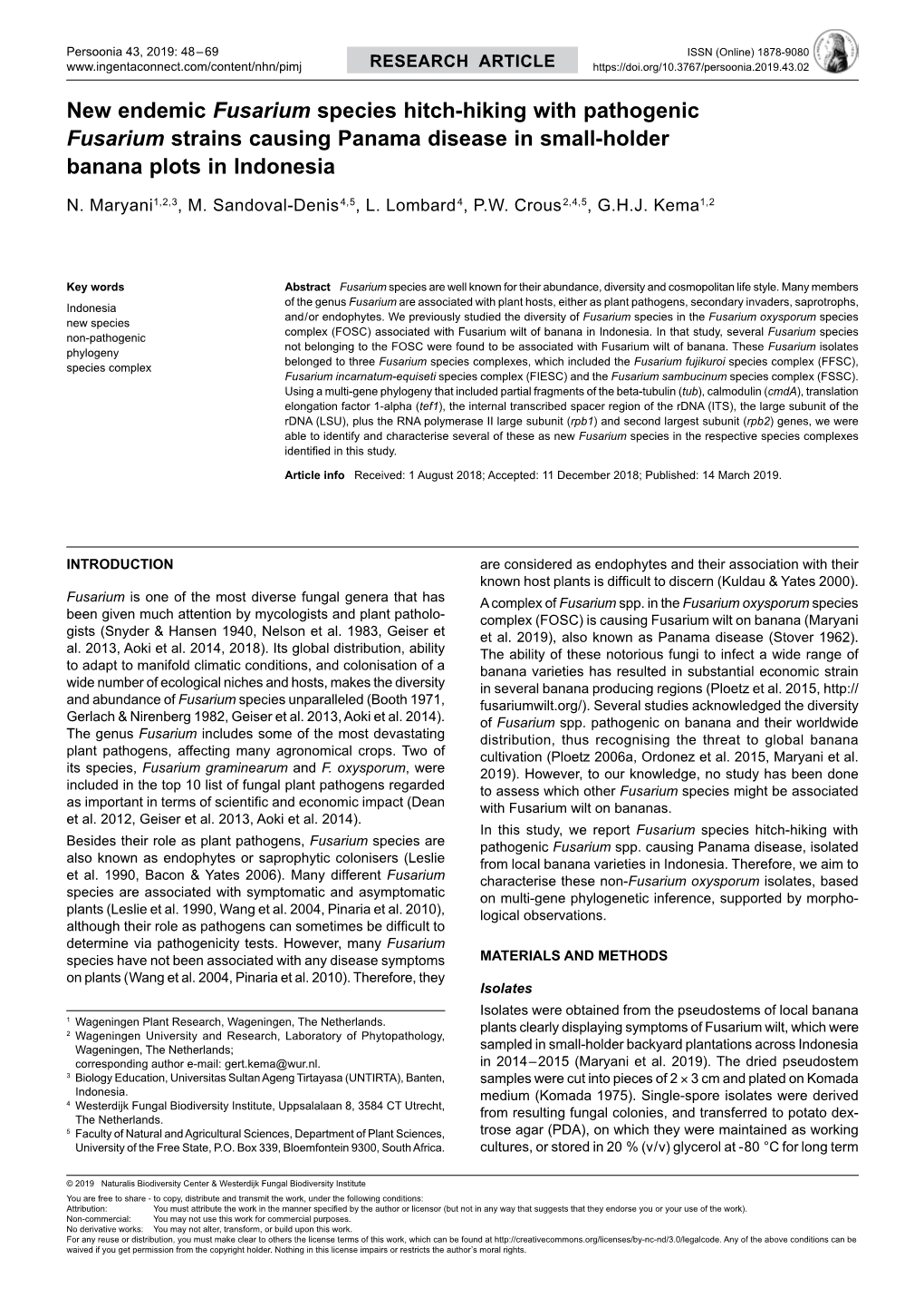 New Endemic Fusarium Species Hitch-Hiking with Pathogenic Fusarium Strains Causing Panama Disease in Small-Holder Banana Plots in Indonesia