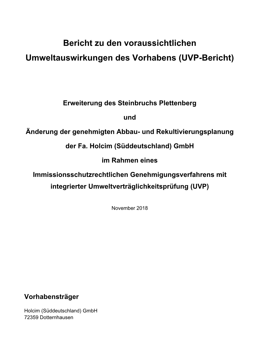 Bericht Zu Den Voraussichtlichen Umweltauswirkungen Des Vorhabens (UVP-Bericht)