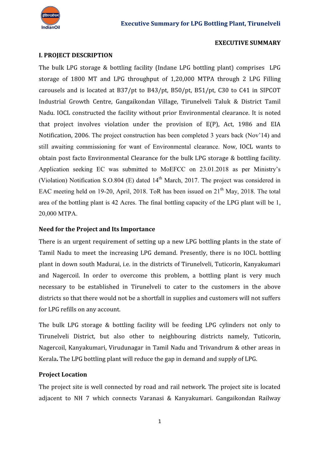 Executive Summary for LPG Bottling Plant, Tirunelveli EXECUTIVE