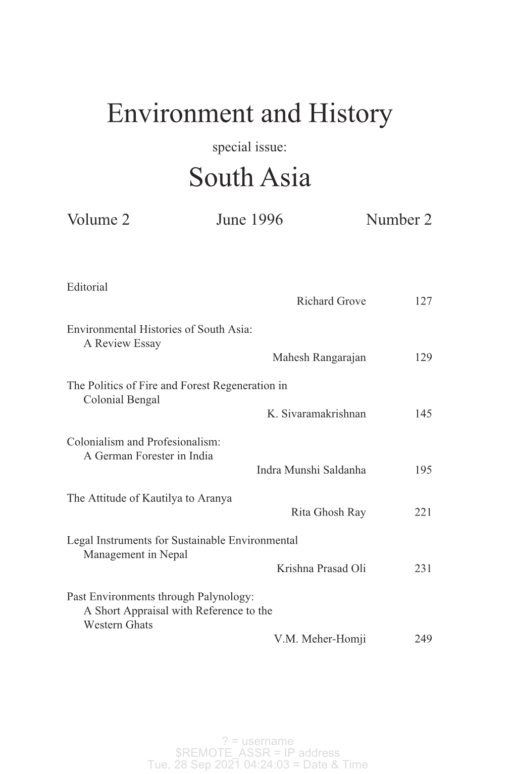 Environment and History South Asia