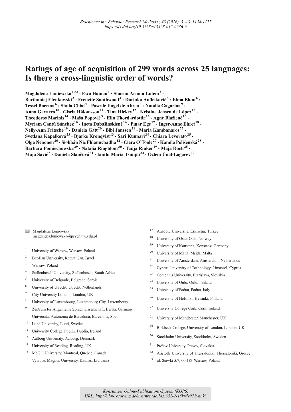 Ratings of Age of Acquisition of 299 Words Across 25 Languages: Is There a Cross-Linguistic Order of Words?