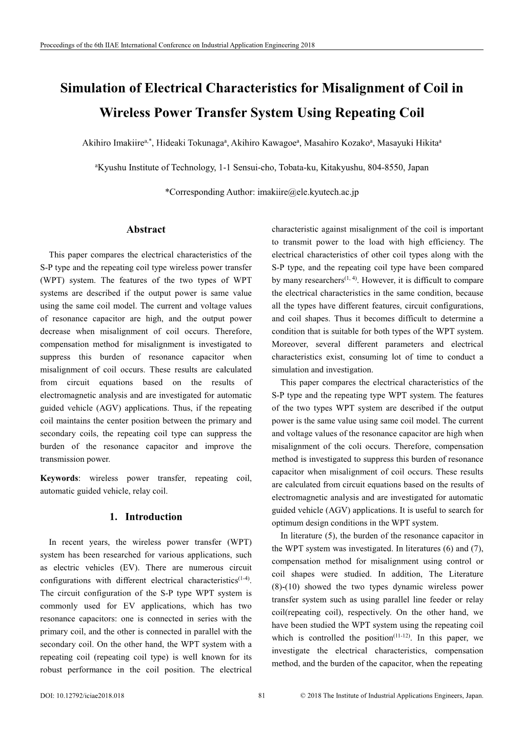 Simulation of Electrical Characteristics for Misalignment of Coil in Wireless Power Transfer System Using Repeating Coil