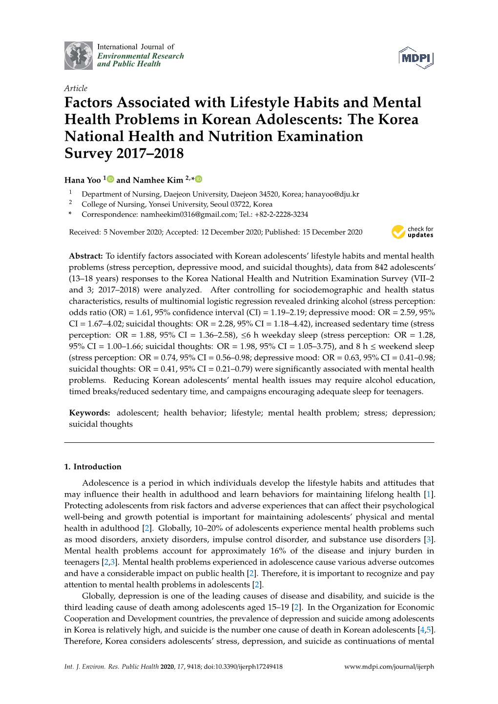 Factors Associated with Lifestyle Habits and Mental Health Problems in Korean Adolescents: the Korea National Health and Nutrition Examination Survey 2017–2018