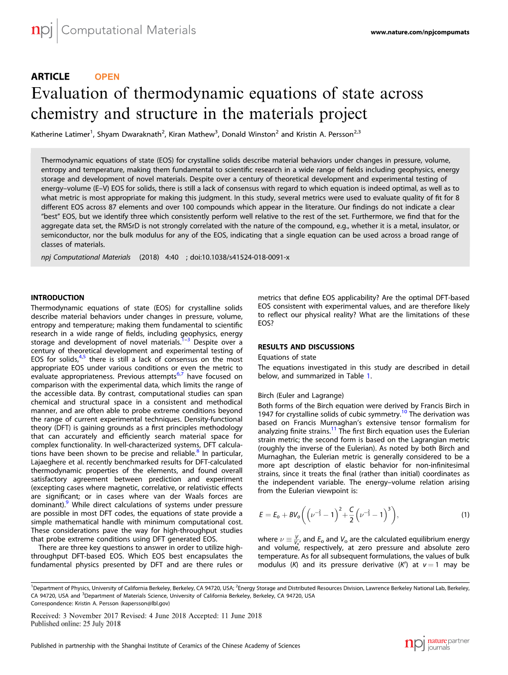 Evaluation of Thermodynamic Equations of State Across Chemistry and Structure in the Materials Project