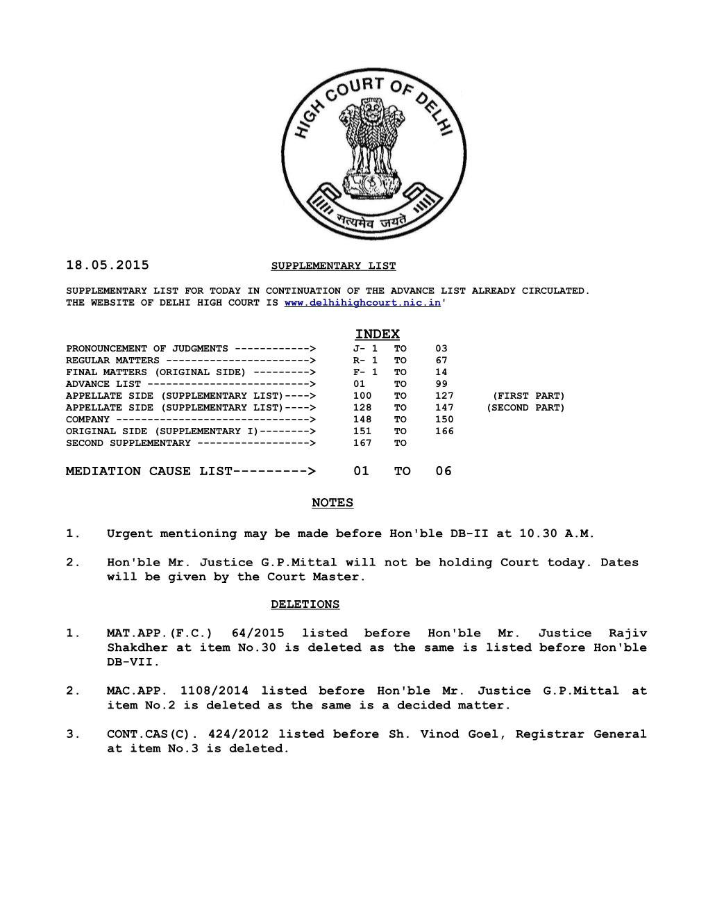 18.05.2015 MEDIATION CAUSE LIST---&gt; 01 to 06 NOTES