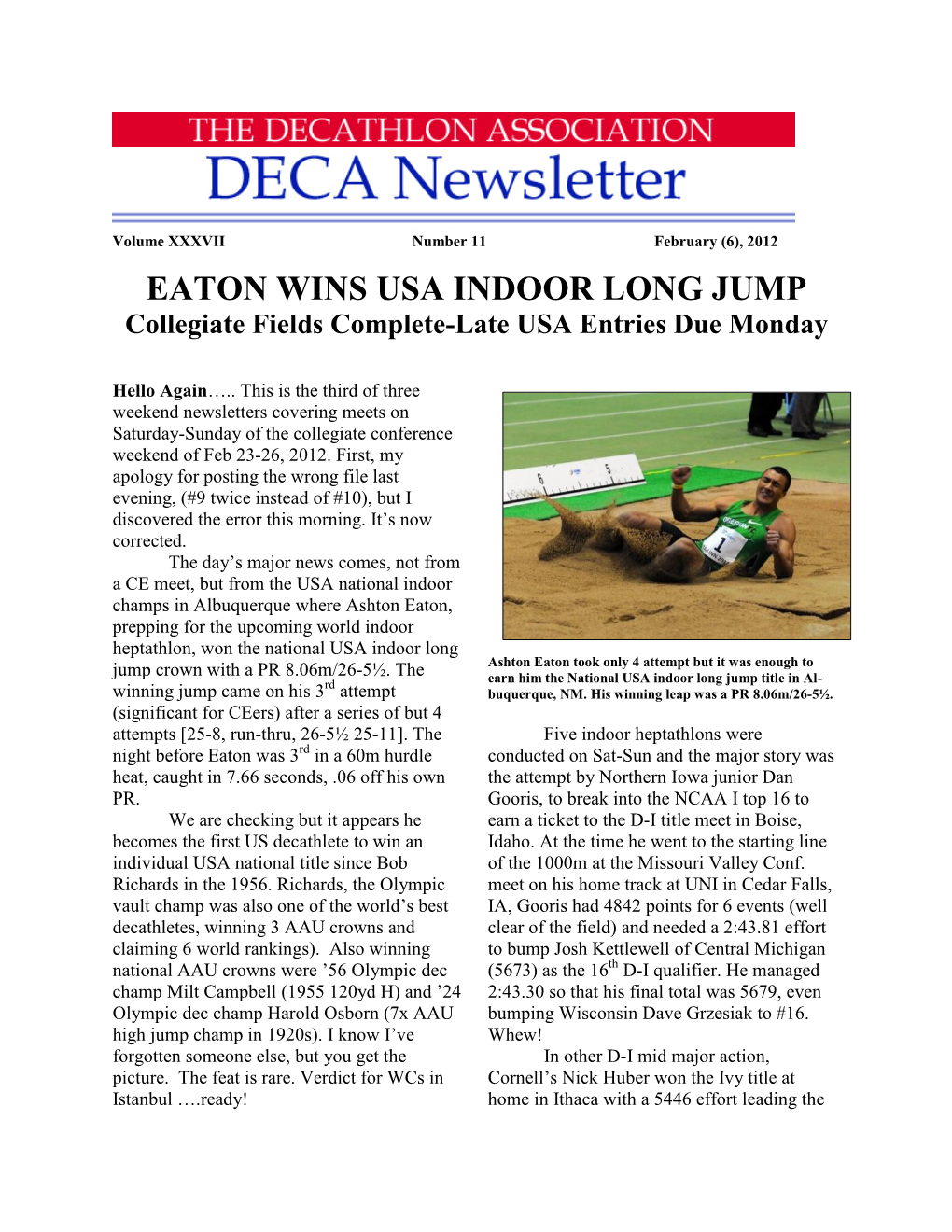 EATON WINS USA INDOOR LONG JUMP Collegiate Fields Complete-Late USA Entries Due Monday