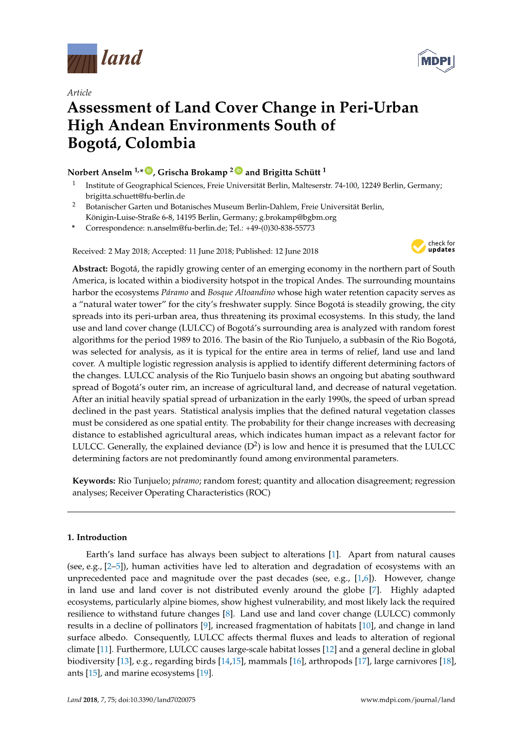 Assessment of Land Cover Change in Peri-Urban High Andean Environments South of Bogotá, Colombia