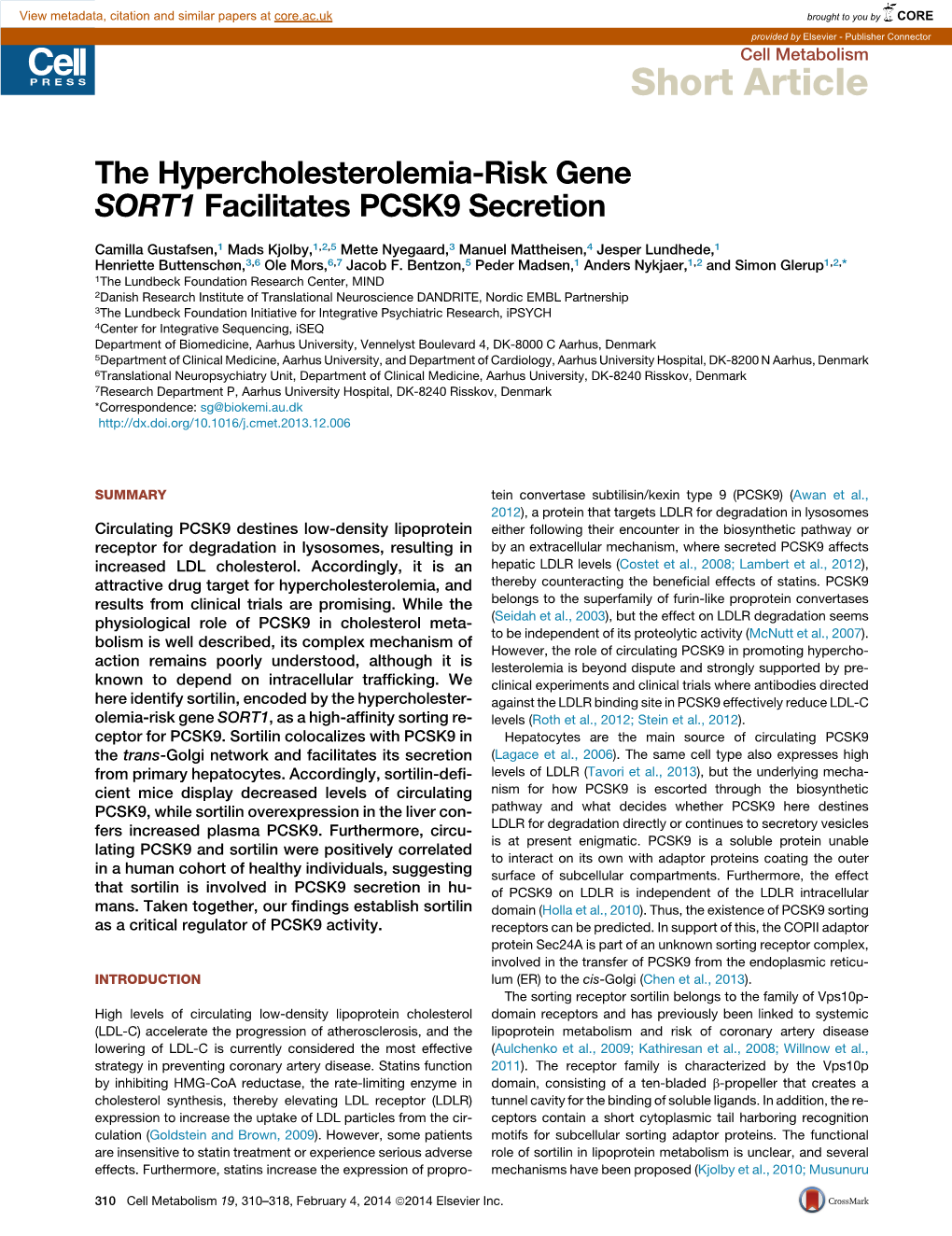 The Hypercholesterolemia-Risk Gene SORT1 Facilitates PCSK9 Secretion