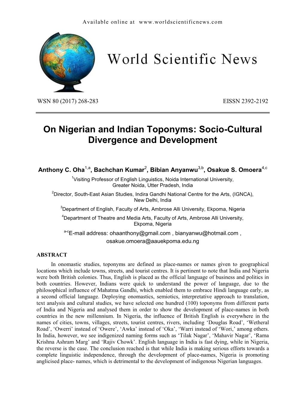 On Nigerian and Indian Toponyms: Socio-Cultural Divergence and Development