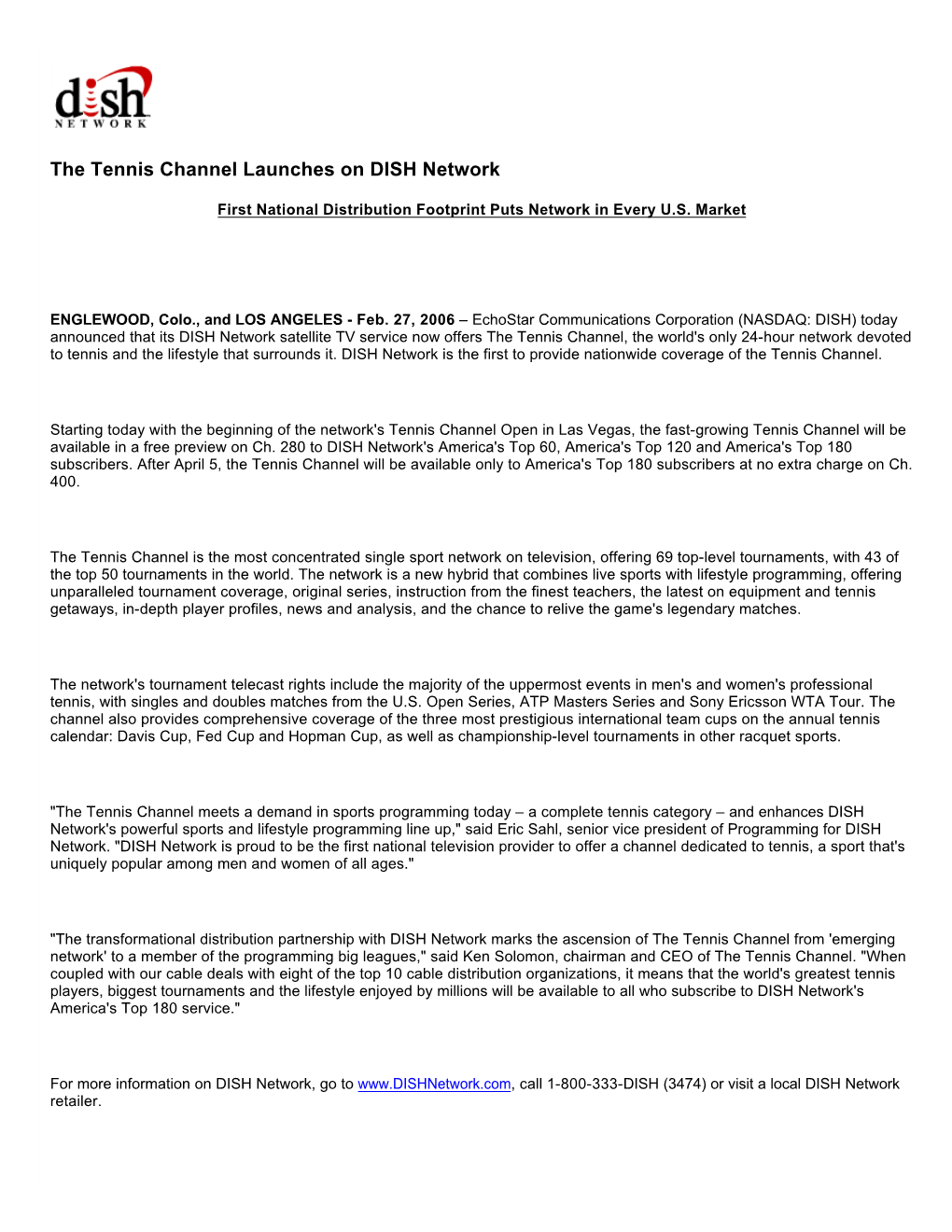 The Tennis Channel Launches on DISH Network