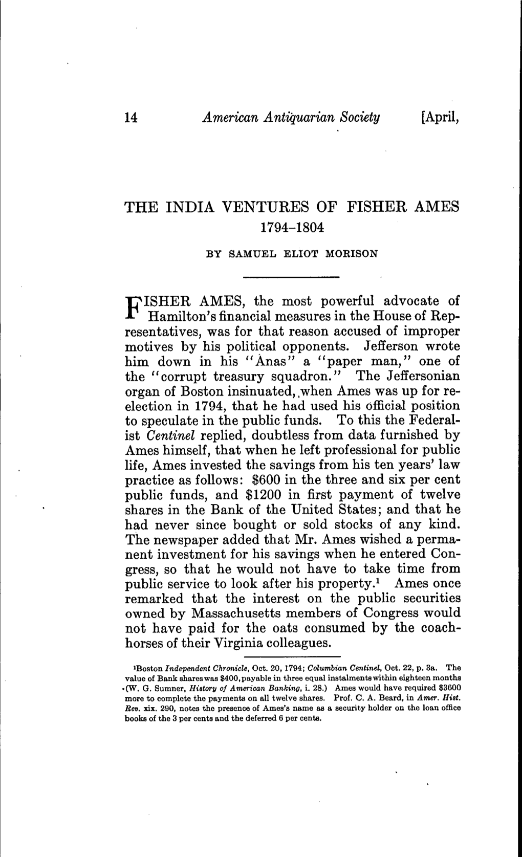 The India Ventures of Fisher Ames 1794-1804