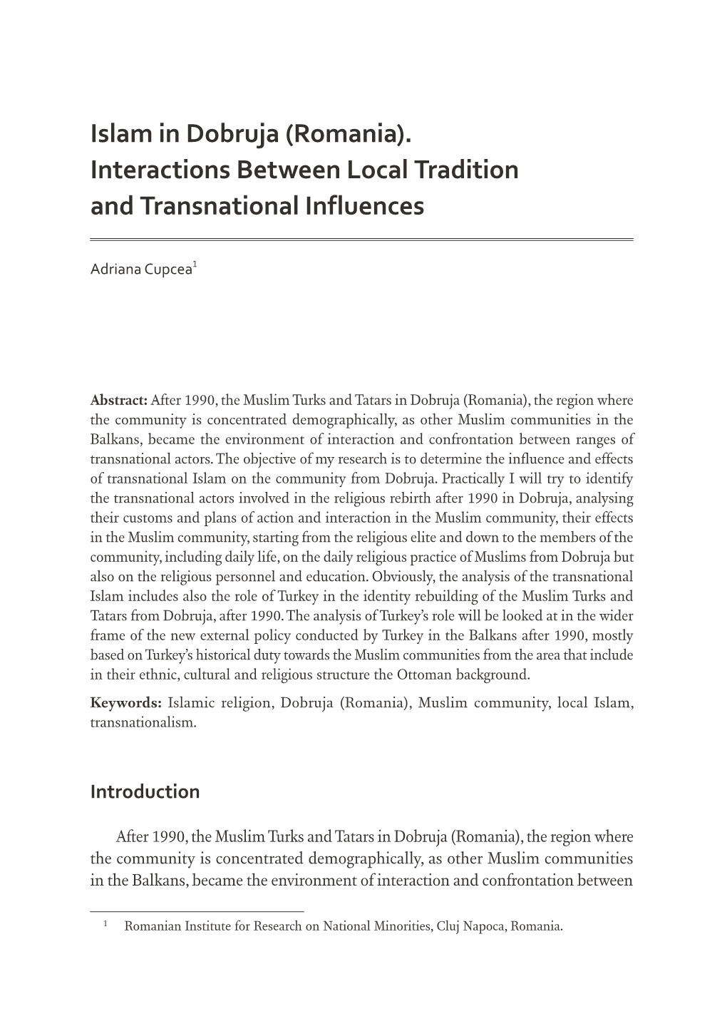 Islam in Dobruja (Romania). Interactions Between Local Tradition and Transnational Influences
