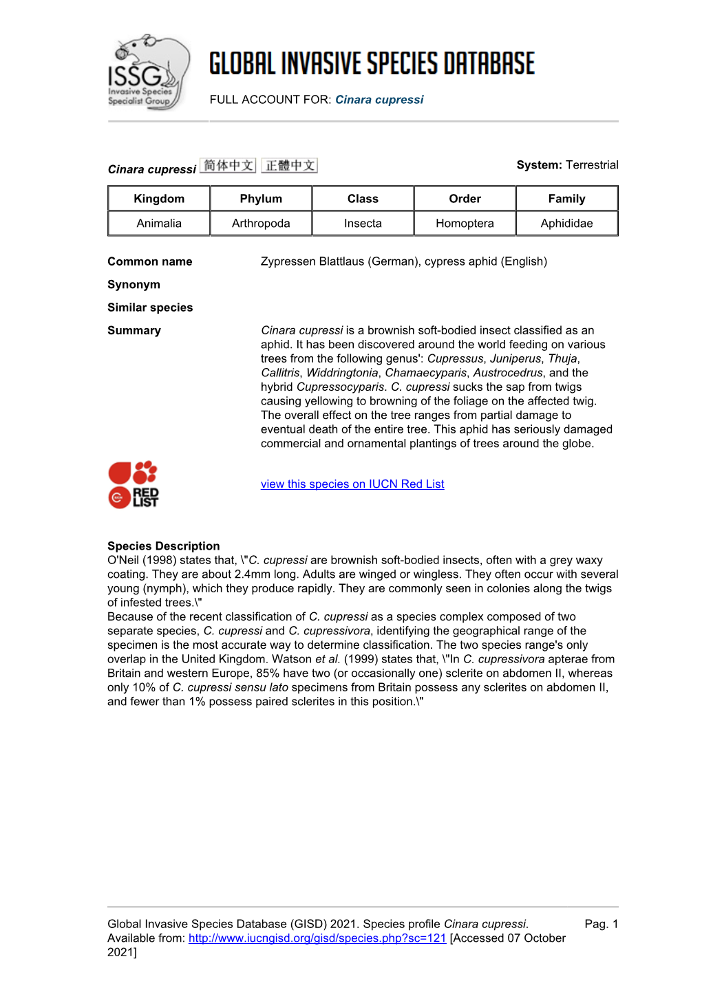 Cinara Cupressi Global Invasive Species Database (GISD)